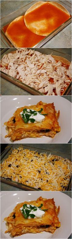 four different views of food in pans with sauce and cheese on them, including lasagna