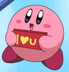 a cartoon character holding up a box with the word i love you written on it