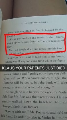 an open book with the text klauus your parents just died