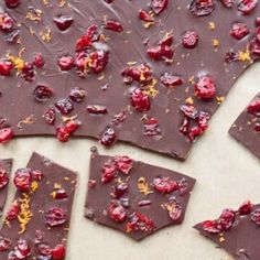 pieces of chocolate with cranberries and orange zest on top, scattered around