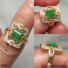 Green jade ring 18K yellow gold ****Note: Current size 6 1/2 which can be adjusted to yours before shipped.**** •Color: Apple green•Translucency: Opaque•Shape: Square•Dimension: 7.2 + 6.1 mm•Thickness: 2.3 mm•Size: 6 1/2 •Setting: 18K yellow gold with 12 small round diamonds•Code: R80 Symbolizes: Good luck, protection, longevity Please conversation me your ring size before you order. This handcrafted jade ring is guaranteed to be 100% natural, non-enhanced, and untreated. We do our best to keep the photos the same as the item; these photos are not enhanced or edited. Please keep in mind that the color may vary on different monitors. •Should you find that this piece does not meet your expectations, we do accept returns within 7 days of receiving the product. However you must notify us withi Green Jade Ring, Jade Bangle, Jade Ring, Jade Bracelet, Jade Stone, Apple Green, Green Jade, Jade Green, Sell Items