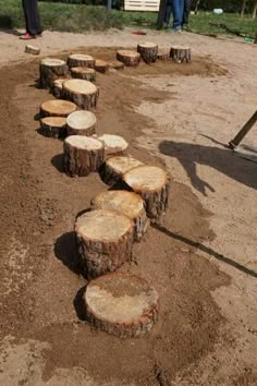 several logs are arranged in the middle of a dirt area with people standing around them