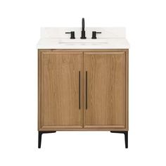 a bathroom vanity with a sink and two faucets on the top, against a white background