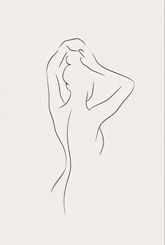 a line drawing of a woman's back with her hands behind her head and hair blowing in the wind