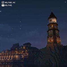 a clock tower lit up at night with stars in the sky above it and water below