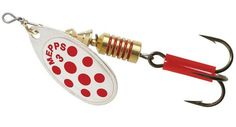 a red and white fishing lure on a hook