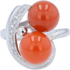 Elegant Platinum Coral Bead Platinum Ring with Diamond Accents - Size 4.5 Elegant Multi-stone Orange Rings, Elegant Coral Rings For Anniversary, Elegant Orange Multi-stone Rings, Elegant Coral Ring Jewelry, Elegant Red Rings With Natural Stones, Elegant Orange Jewelry With Stones, Elegant Coral Jewelry For Anniversary, Formal Coral Ring, Coral Elegant Wedding Rings