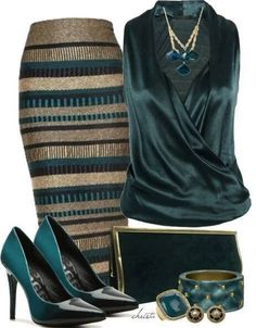 Emerald and gold skirt evening Apostolic Fashions, Outfits Dressy, Stripe Outfits, Christmas Outfits, 가을 패션, Mode Inspiration, Work Fashion, Alice Olivia