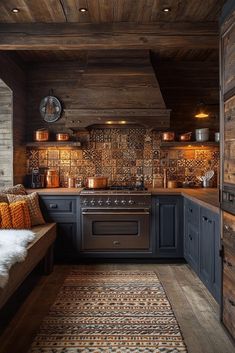 a kitchen with wooden walls and flooring has an area rug on the floor near the stove