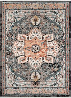 an orange, blue and black rug with ornate designs on the bottom half of it