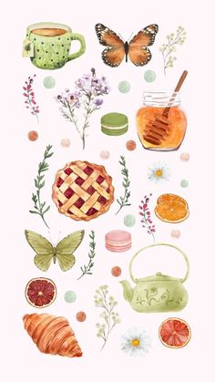 watercolor illustration of various food items on a white background with butterflies and polka dots