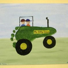 a child's painting of a green tractor with two people in the back, on a yellow background