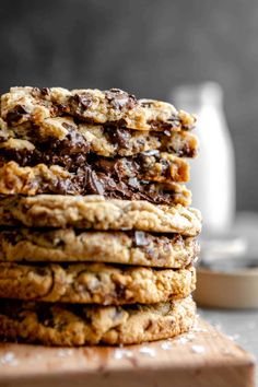 chocolate chip cookies stacked on top of each other