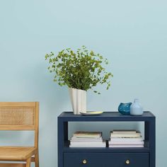 a blue table with a plant on it and two chairs next to it in front of a blue wall