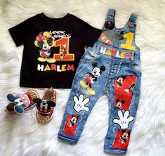 Mickey Mouse 1st Birthday Outfit, Mickey Mouse Jeans, Mickey Mouse Birthday Outfit, Mickey Mouse Overalls, Custom Kids Clothes, Miki Mouse, Kid Birthday Outfits, Boys Shirts Pattern