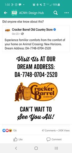 an ad for cracker barrel coutry on the app store's facebook page