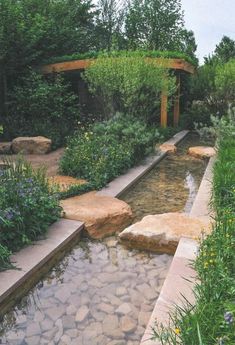 a small pond surrounded by rocks and plants in the middle of a garden with water running through it