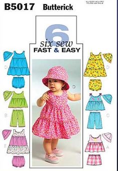 Infants Top, Dress, Panties, Shorts, Trousers and Hat. Butterick Sewing Pattern No. 5017. NB-S-M-L.From the '6 Sew Fast & Easy' range.Pullover top and dress have back neck openings, and machine stitched hems. Tops A,C: applique trim. Top and Trousers B: rick rack trim. Top C: ribbon trim. Dress D,E: ruffle. Dress and panties E: contrast lower section and contrast panties. Shorts, trousers, and panties have casing and elastic waist. Panties have casing and elastic leg. Hat is self-faced. Summer Sewing Patterns, Sundress Pattern, Sewing Dress, Hat Patterns To Sew, Sewing Patterns Girls, Baby Dress Patterns, Baby Top, Sew Ins