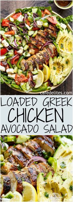 grilled chicken and avocado salad with lemons on the side