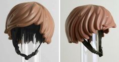 two pictures of the same hair style as shown in this photo, one is wearing a wig and the other has a rubber band around it's head