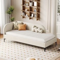 a living room with a couch, coffee table and bookshelf on the wall