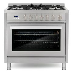 a stainless steel stove with four burners and two oven doors on the front side