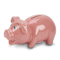 a pink pig figurine is shown on a white background