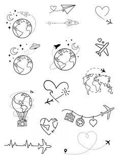 an image of some different things in the air with hearts and arrows on them, including airplanes