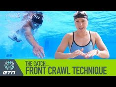 a woman in a swim suit standing next to a man with his hands together and the caption front crawl technology