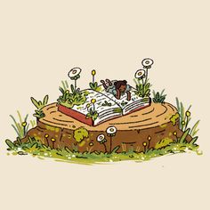 an open book sitting on top of a wooden stump in the grass with flowers around it