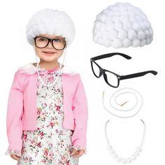 PRICES MAY VARY. 【Grandma Outfit】You will receive a old lady wigs for kids,a pair of glasses,a faux pearls beads eyeglass chain and a necklace,cute costume accessories to dress up as a granny.Suitable for age 3 to 8. 【Cute Design】The granny wig with pom poms balls give a totally different grandma look,match with pearl jewelry and glasses,contribute to imitating the elderly more vividly. Don't worry about the size,we update it to a larger one.Your kids will get a lot of compliments(and laughs)out Kids Old Lady Costume, Old People Costume, Granny Wig, Grandma Outfit, Wigs For Kids, Grandma Clothes, Old Lady Costume, Pretend Play Costumes, Eyeglasses Chain