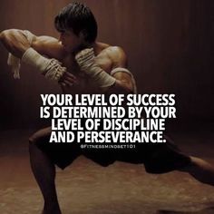 a man doing a kick in the air with a quote above him that reads, your level of success is determined by your level of discipline and perseverance