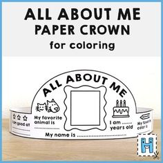 an all about me paper crown for coloring is shown with the words, all about me