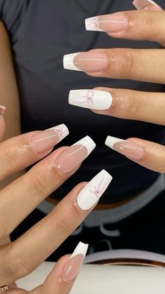 Nails Inspo Pink And White, Coffin Shaped White Nails, White And Pink Coffin Nails, Pink Prom Nails Square, Nail Inspo Trendy White, Pink Or White Nails, Pink Girly Nails Design, White Pink Nails Design, Plain White Nails With Design