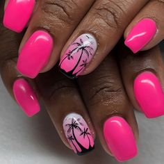 Hot Pink Nail Designs 2023 - Bold and Beautiful Nail Art Ideas – DTK Nail Supply Coffin Nail Ideas, Pink Summer Nails, Palm Tree Nails, Beach Nail Designs, Summer Nails Beach, Tropical Nails, Tree Nails, Hot Pink Nails, Vacation Nails