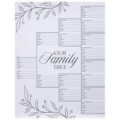 a family tree is shown with the words our family tree on it and an image of leaves