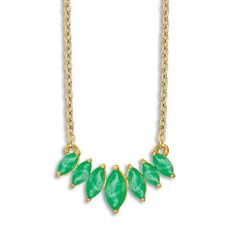 Mesmerizing marquise-cut natural emerald gemstones nestle one another along a graceful curve in this glamorous women's necklace. Fashioned in 14K yellow gold, the 18-inch cable chain secures in place with a lobster clasp. Elegant Green Marquise Necklace, Green Marquise Jewelry For May Birthstone, Fine Jewelry Green Marquise Necklaces, Green Marquise May Birthstone Jewelry, Marquise Necklace, Women's Necklace, Jared The Galleria Of Jewelry, Emerald Gemstone, Marquise Cut