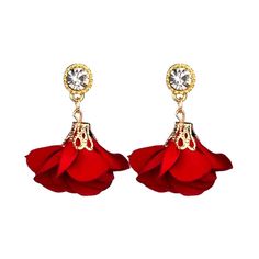 Elegant Red Rose Dangle Stud Crystal Earrings Color: Red Gold Tone With Silky Petals Limited Stock Color Is Red, Pic Looks More Burgundy Elegant Red Drop Flower Earrings, Red Elegant Drop Flower Earrings, Elegant Red Flower Earrings For Party, Formal Red Flower Earrings For Pierced Ears, Valentine's Day Rose Red Flower Earrings For Party, Elegant Rose Red Flower Earrings For Party, Elegant Rose Red Earrings For Party, Valentine's Day Red Flower Party Earrings, Red Rose Design Earrings For Party