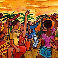 a painting of people dancing on the beach with palm trees and water in the background