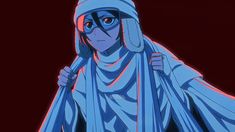 an animated image of a woman with blue hair and glasses on her head, holding a scarf around her neck