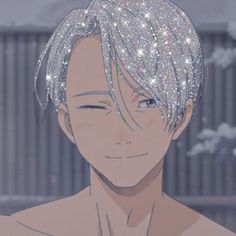 an anime character with silver hair and glitters on his head looking at the camera