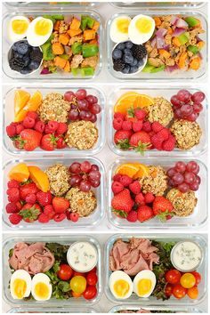 six plastic containers filled with different types of food and fruit on top of each other