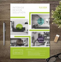 the interior design solution flyer is displayed on a table