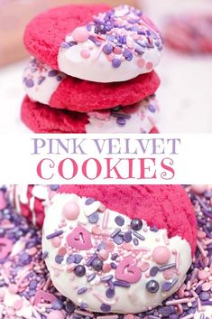 pink velvet cookies with sprinkles and white frosting on top are stacked together