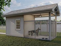 a dog is standing in its kennel outside