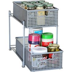 three tiered metal spice rack with jars and containers on it's bottom shelf