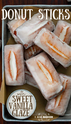 donut sticks with vanilla glaze in a box