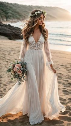 15 Beach Wedding Dresses For Every Type of Bride: The Best 2024 Ideas Colored Boho Wedding Dress, Simple Beach Wedding Dress Boho Hippie, Hawaii Wedding Dress Beach Simple, Beach Wedding Bridal Dress, Beach Bride Dress Boho, Wedding Dress Tropical Brides, Tropical Island Wedding Dress, Boho Outdoor Wedding Dress, Wedding Dresses Tropical