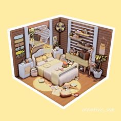 a room with a bed, shelves and other items on the floor in it's corner