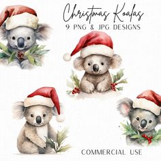 christmas koalas watercolor clipart set with santa claus hat and holly wreath